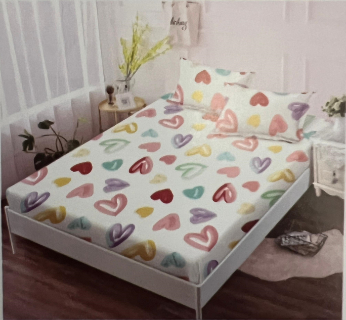 Lenjerie de pat 4 piese CELhome, bumbac satinat, model inimioare colorate – Cearceaf pat cu elastic 180 x 200 cm, Cearceaf pilota 200 x 230 cm, 2 Fete de perna 55 x 75 cm [2]