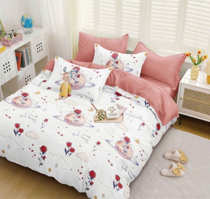 Lenjerie de pat 4 piese CELhome, bumbac satinat, model Univers Floral – Cearceaf pat cu elastic 180 x 200 cm, Cearceaf pilota 200 x 230 cm, 2 Fete de perna 55 x 75 cm [7]