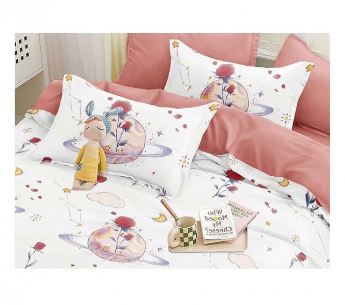 Lenjerie de pat 4 piese CELhome, bumbac satinat, model Univers Floral – Cearceaf pat cu elastic 180 x 200 cm, Cearceaf pilota 200 x 230 cm, 2 Fete de perna 55 x 75 cm [3]