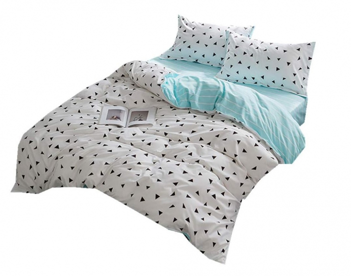 Lenjerie de pat 4 piese cu doua fete – CELhome – Cearceaf pilota 200 x 230 cm, Cearceaf de pat fara elastic 230 x 250 cm, 2 Fete de perna 55 x 75 cm, Model Geometric, Bleu-Alb [7]