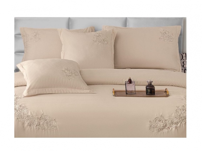 Lenjerie de pat 6 piese CELhome – model matrimonial cu Broderie, Cearceaf de pat cu elastic 180 x 200cm, Cearceaf pilota 200x230 cm, ambalaj premium, pentru 2 persoane, Crem [3]