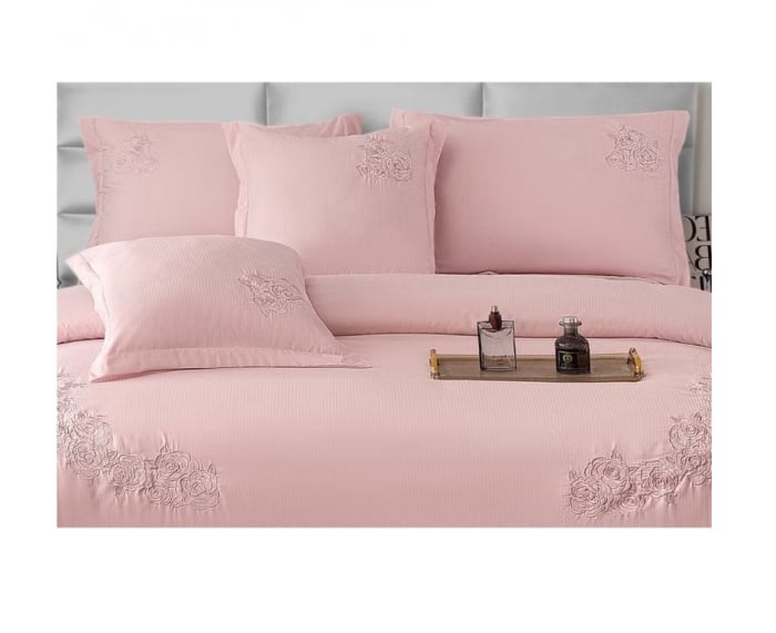 Lenjerie de pat 6 piese CELhome – model matrimonial cu Broderie, Cearceaf de pat cu elastic 180 x 200cm, Cearceaf pilota 200x230 cm, ambalaj premium, pentru 2 persoane, Roz [4]
