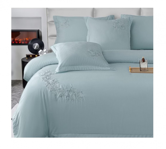 Lenjerie de pat 6 piese CELhome – model matrimonial cu Broderie, Cearceaf de pat cu elastic 180 x 200cm, Cearceaf pilota 200x230 cm, ambalaj premium, pentru 2 persoane, Albastru [7]