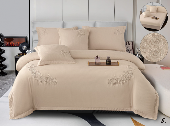 Lenjerie de pat 6 piese CELhome – model matrimonial cu Broderie, Cearceaf de pat cu elastic 180 x 200cm, Cearceaf pilota 200x230 cm, ambalaj premium, pentru 2 persoane, Crem [7]