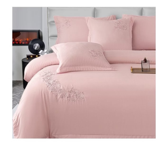 Lenjerie de pat 6 piese CELhome – model matrimonial cu Broderie, Cearceaf de pat cu elastic 180 x 200cm, Cearceaf pilota 200x230 cm, ambalaj premium, pentru 2 persoane, Roz [6]