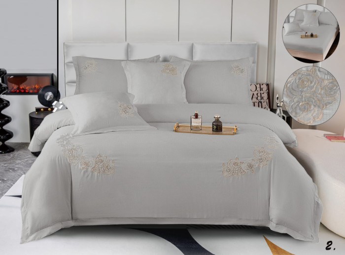 Lenjerie de pat 6 piese CELhome – model matrimonial cu Broderie, Cearceaf de pat cu elastic 180 x 200cm, Cearceaf pilota 200x230 cm, ambalaj premium, pentru 2 persoane, Gri [8]