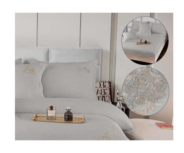 Lenjerie de pat 6 piese CELhome – model matrimonial cu Broderie, Cearceaf de pat cu elastic 180 x 200cm, Cearceaf pilota 200x230 cm, ambalaj premium, pentru 2 persoane, Gri [7]