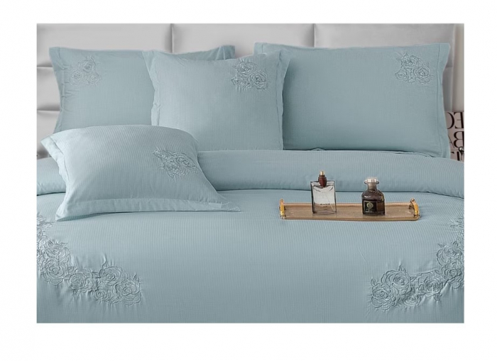Lenjerie de pat 6 piese CELhome – model matrimonial cu Broderie, Cearceaf de pat cu elastic 180 x 200cm, Cearceaf pilota 200x230 cm, ambalaj premium, pentru 2 persoane, Albastru [5]