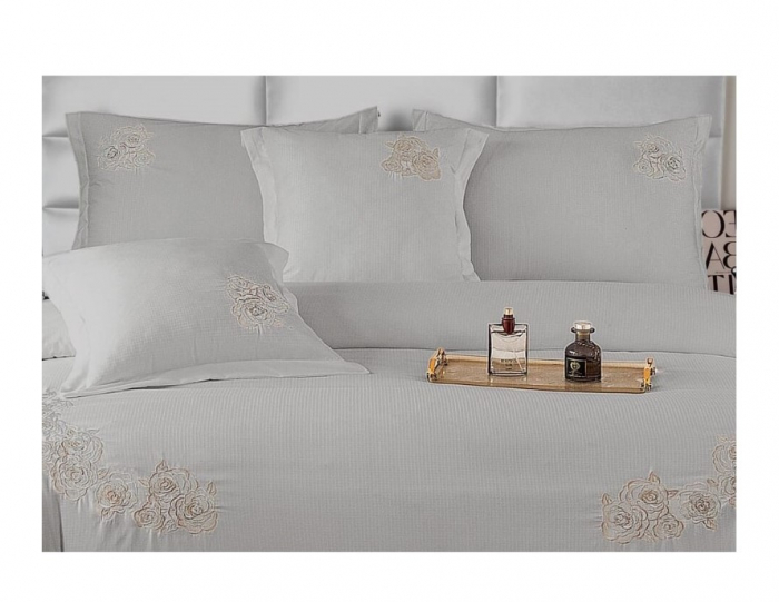 Lenjerie de pat 6 piese CELhome – model matrimonial cu Broderie, Cearceaf de pat cu elastic 180 x 200cm, Cearceaf pilota 200x230 cm, ambalaj premium, pentru 2 persoane, Gri [4]