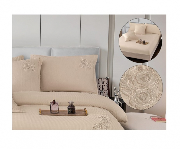 Lenjerie de pat 6 piese CELhome – model matrimonial cu Broderie, Cearceaf de pat cu elastic 180 x 200cm, Cearceaf pilota 200x230 cm, ambalaj premium, pentru 2 persoane, Crem [6]