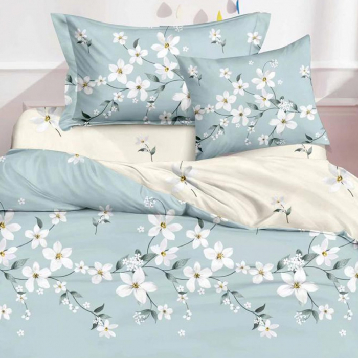 Lenjerie de pat 6 piese cu doua fete – CELhome – Cearceaf pilota 200 x 230 cm, Cearceaf de pat 240 x 250 cm, 2 Fete de perna 70 x 70 cm, 2 Fete de perna 55 x 75 cm, Model Floral, Bleu [2]