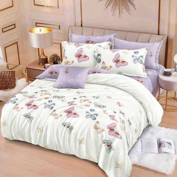 Lenjerie de pat 6 piese cu doua fete – CELhome – Cearceaf pilota 200 x 230 cm, Cearceaf de pat fara elastic 240 x 250 cm, 2 Fete de perna 70 x 70 cm, 2 Fete de perna 55 x 75 cm, Model Fluturi, Violet- [2]