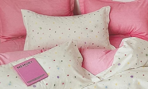 Lenjerie de pat doua fete, 6 piese, CELhome, Cearceaf pat cu elastic 180 x 200 cm, Cearceaf pilota 200 x 230 cm, 2 Fete de perna 70 x 70 cm, 2 Fete de perna 55 x 75 cm, Roz, Model Picatele [6]