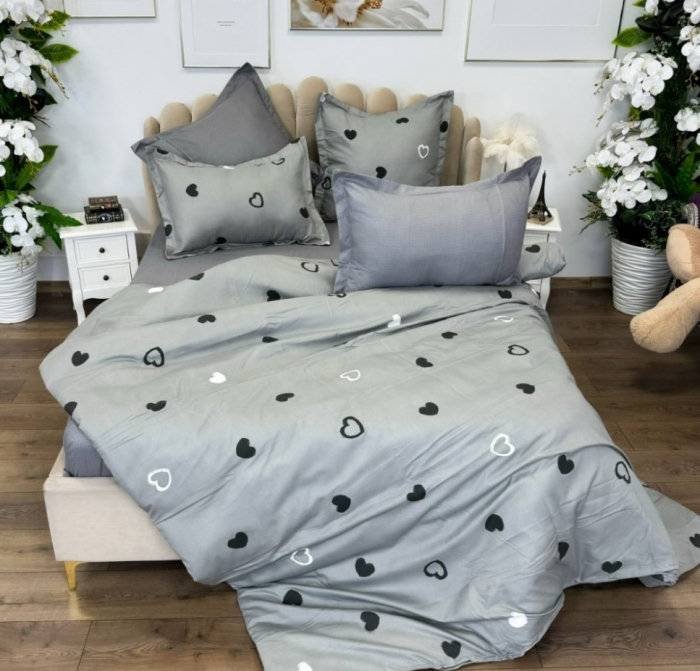 Lenjerie de pat doua fete, 6 piese, CELhome, Cearceaf pat 180 x 200 cm, Cearceaf pilota 200 x 230 cm, 2 Fete de perna 70 x 70 cm, 2 Fete de perna 55 x 75 cm, Gri, Model Inimi [7]