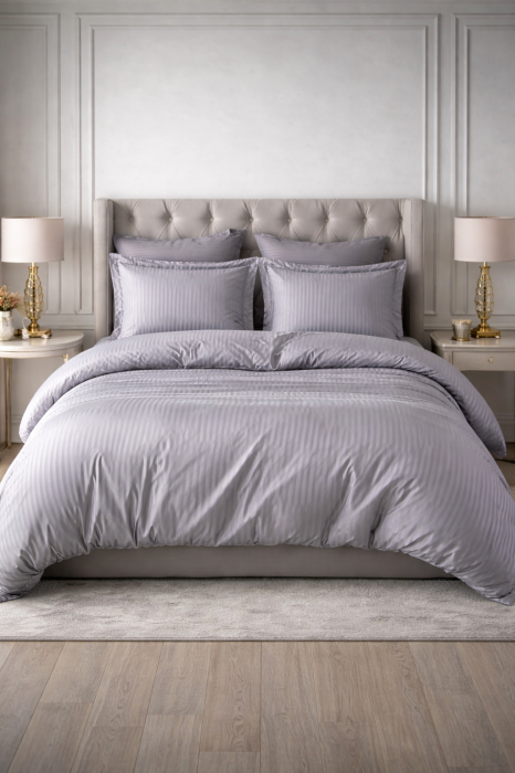 Lenjerie de Pat Model Damasc 6 piese, Cearceaf  de Pat cu Elastic 180x200, Cearceaf Pilota 200x230, 4 fete perna 70x70 55x80, Gri [2]