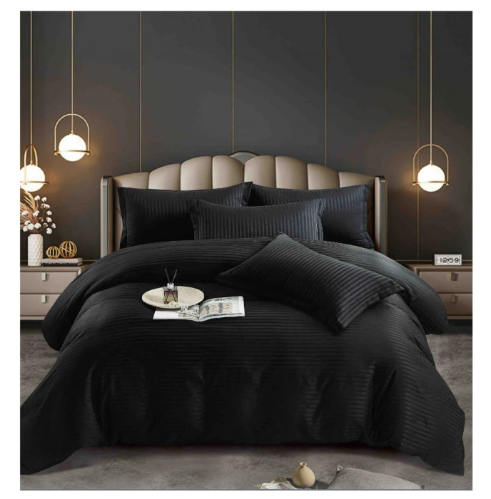 Lenjerie de Pat Model Damasc 6 piese, Cearceaf  de Pat cu Elastic 180x200, Cearceaf Pilota 200x230, 4 fete perna 70x70 55x80, Negru [2]