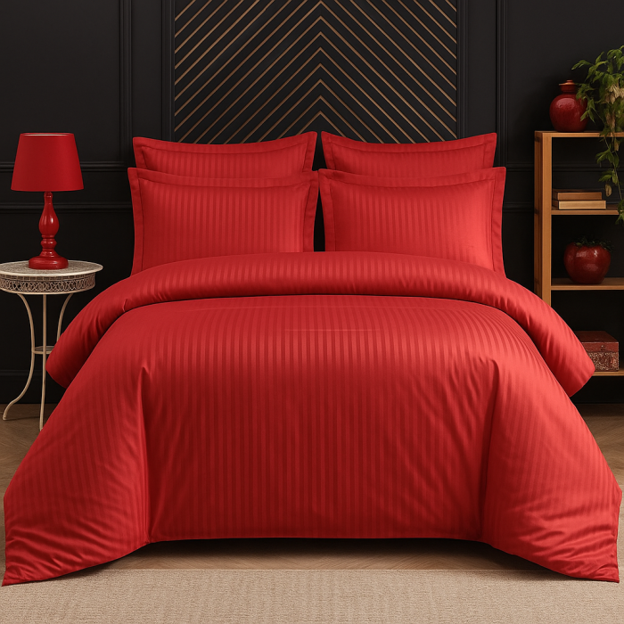 Lenjerie de pat Matrimonial Tip Damasc, 6 piese, Cearceaf de pat cu elastic 180 x 200 cm, Cearceaf pilota cu fermoar 200 x 230 cm, 4 fete de perna,  Rosu [1]