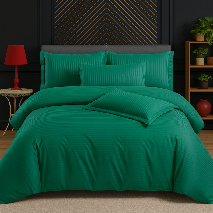 Lenjerie de pat Matrimonial Tip Damasc, 6 piese, Cearceaf de pat cu elastic 180 x 200 cm, Cearceaf pilota cu fermoar 200 x 230 cm, 4 fete de perna,  Verde [1]