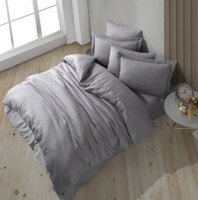Lenjerie de pat Matrimonial Tip Damasc, 6 piese, Cearceaf de pat cu elastic 180 x 200 cm, Cearceaf pilota cu fermoar 200 x 230 cm, 4 fete de perna, Gri [3]