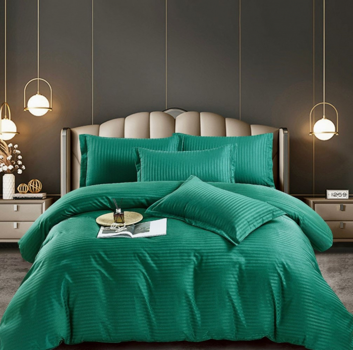 Lenjerie de pat Matrimonial Tip Damasc, 6 piese, Cearceaf de pat cu elastic 180 x 200 cm, Cearceaf pilota cu fermoar 200 x 230 cm, 4 fete de perna,  Verde [5]