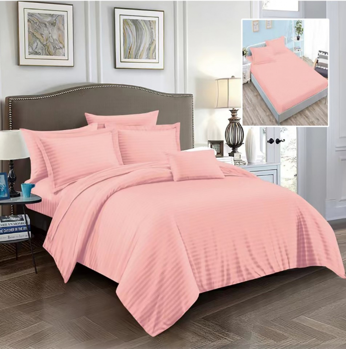 Lenjerie de pat Matrimonial Tip Damasc, 6 piese, Cearceaf de pat cu elastic 180 x 200 cm, Cearceaf pilota cu fermoar 200 x 230 cm, 4 fete de perna,  Roz [5]