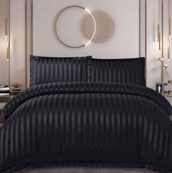 Lenjerie de pat Matrimonial Tip Damasc, 6 piese, Cearceaf de pat cu elastic 180 x 200 cm, Cearceaf pilota cu fermoar 200 x 230 cm, 4 fete de perna,  Negru [6]