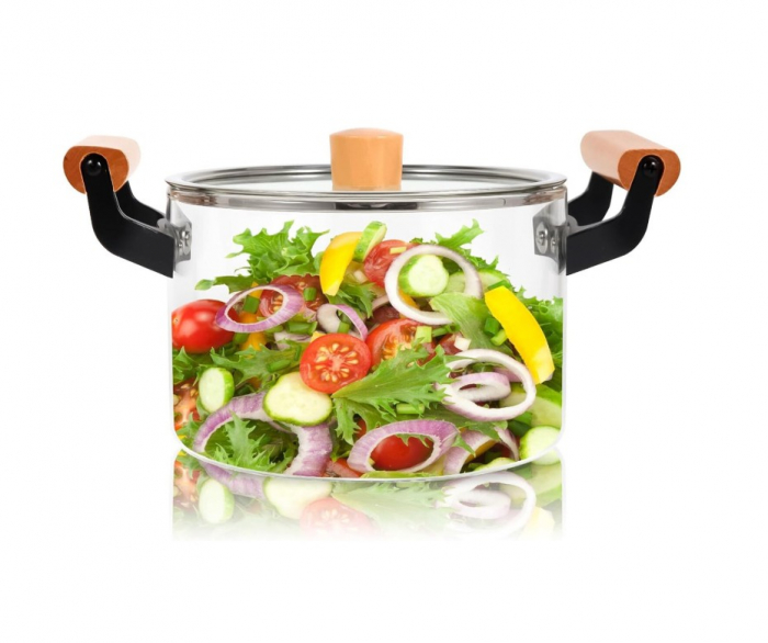 Oala din sticla termorezistenta cu capac si manere din lemn, 4.5L [3]