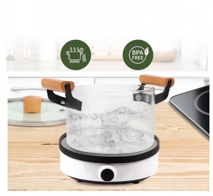 Oala din sticla termorezistenta cu capac si manere din lemn, 4.5L [6]
