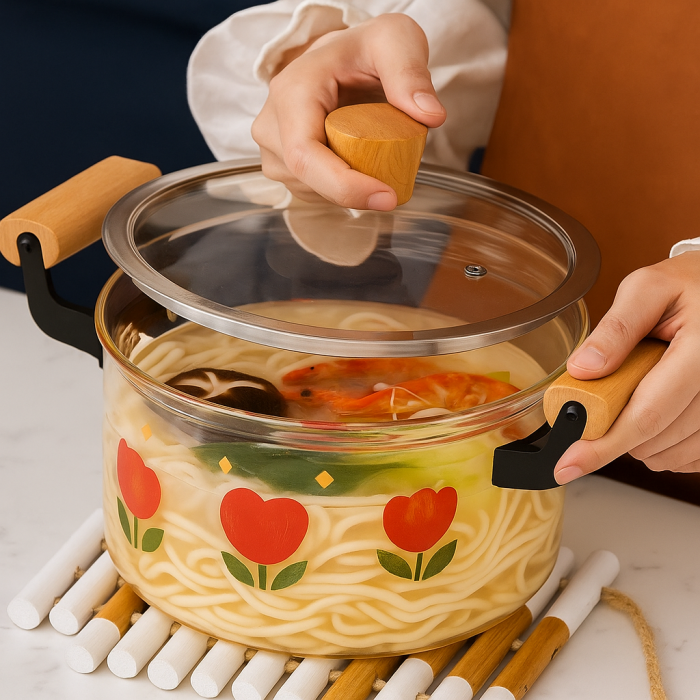 Oala din sticla termorezistenta cu capac si manere din lemn, 5.5L [7]