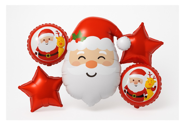 Set 5 baloane folie Mos Craciun 63 cm, baloane rotunde cu ren si stele 45 cm – decor Craciun, petreceri, photo corner [1]