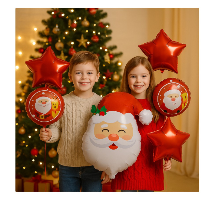 Set 5 baloane folie Mos Craciun 63 cm, baloane rotunde cu ren si stele 45 cm – decor Craciun, petreceri, photo corner [2]