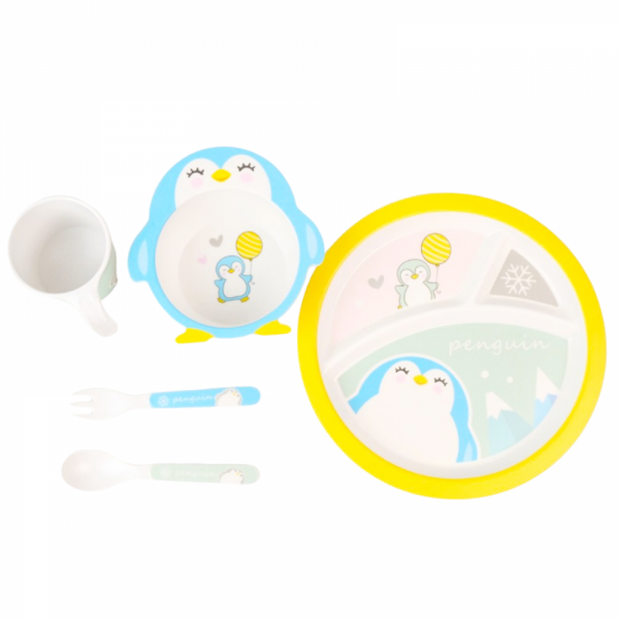 Set de Masa pentru Copii, CELhome, compus din Farfurie 300 ml, Castron 300ml, Cana 170ml, Lingurita, Furculita, Albastru [4]