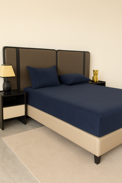 Set  3 piese pentru pat – husa saltea cu elastic 230x250 cm, 2 fete de perna 50x70 cm, moale si calduroasa, pentru saltea 180x200 sau 160x180 cm, Bleumarin [4]
