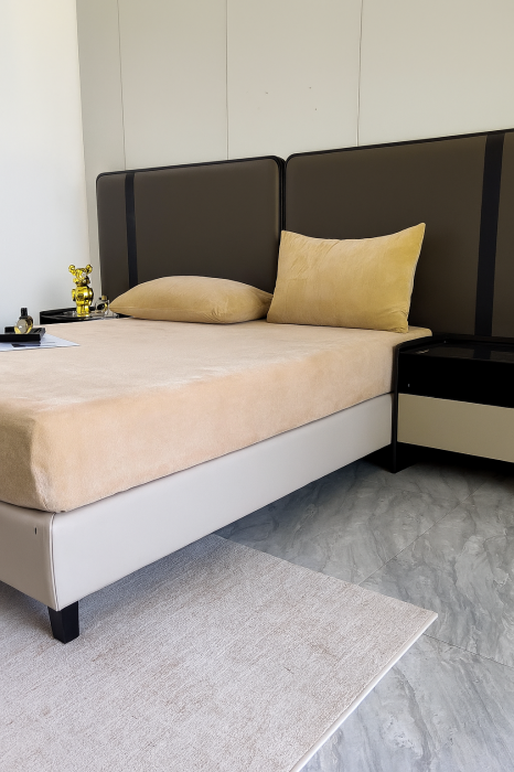 Set  3 piese pentru pat – husa saltea cu elastic 230x250 cm, 2 fete de perna 50x70 cm, moale si calduroasa, pentru saltea 180x200 sau 160x180 cm, Unt [3]