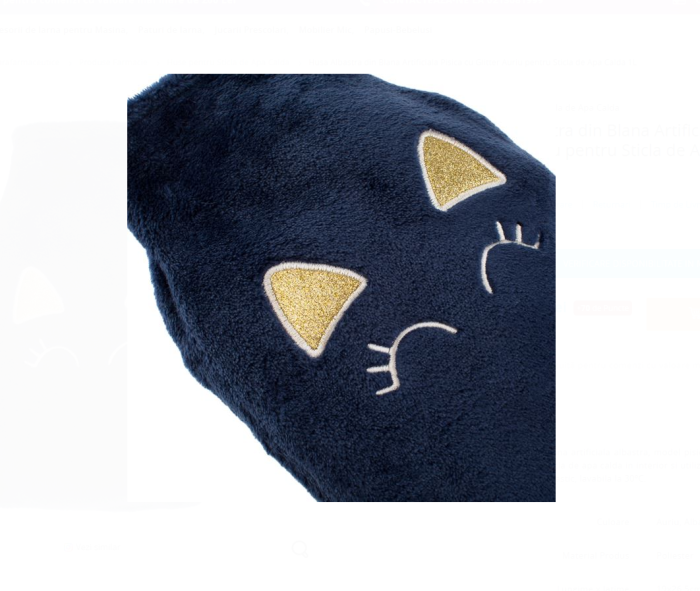 Set sticla pentru apa calda 1L alba + husa blana artificiala albastra pisica cu glitter auriu [6]