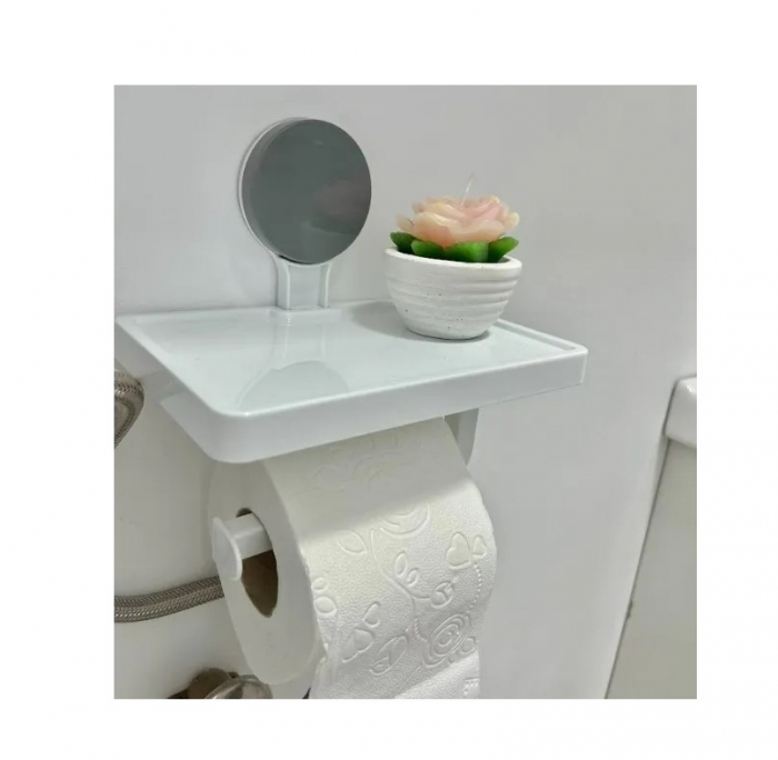 Suport hârtie igienică cu raft depozitare – Prindere cu ventuză, 30x10x10 cm, Alb [5]