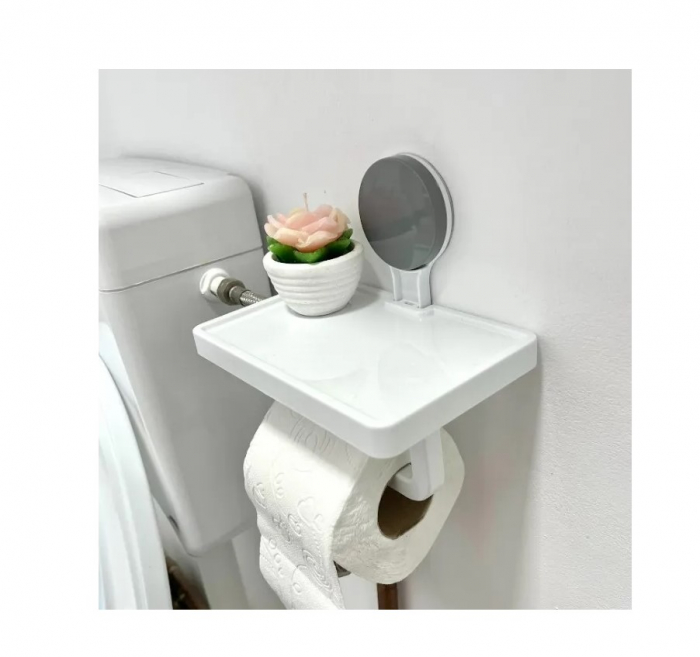 Suport hârtie igienică cu raft depozitare – Prindere cu ventuză, 30x10x10 cm, Alb [4]