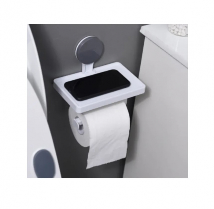 Suport hârtie igienică cu raft depozitare – Prindere cu ventuză, 30x10x10 cm, Alb [3]
