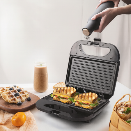 Aparat Sandwich 750W cu Placi Antiaderente, Termostat, Leduri Indicator si Design Compact, Maner Termorezistent [2]