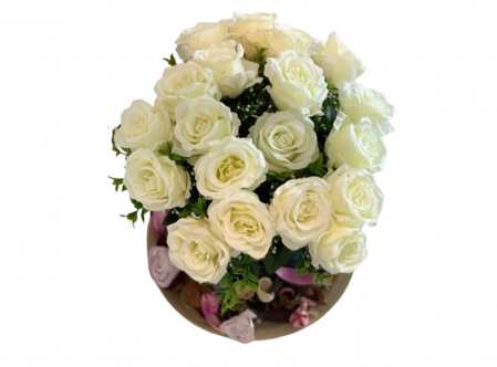 Aranjament Elegant pentru masa, CELhome, 19 Trandafiri Albi, Vaza cu Pietricele, Suport Bambus, 38 x 31cm [6]
