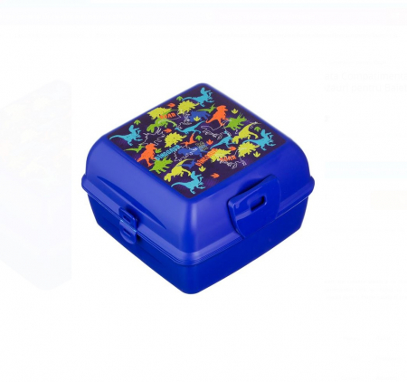 Articole pentru copii - Caserola Patrata, CELhome, Compartimentata din Plastic Albastru Dinozauri pentru Baieti - 1.3L cu Lingurita si Furculita