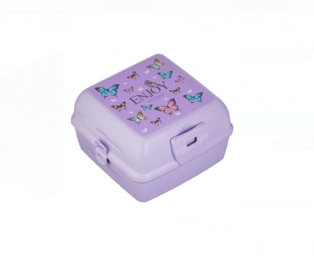 Articole pentru copii - Caserola Patrata, CELhome, Compartimentata din Plastic Lila Fluturi „Enjoy” pentru Fete - 1.3L cu Lingurita si Furculita