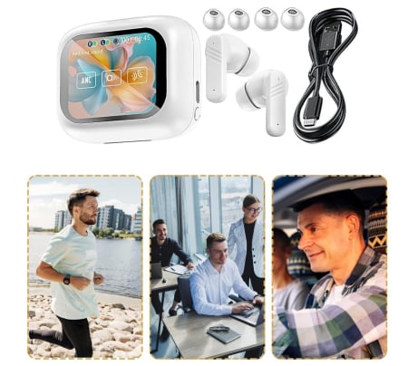 Casti Wireless Inteligente CELhome cu Ecran Tactil 2.01 inch, Bluetooth 5.4, Reducere Dubla a Zgomotului ANC si ENC, Sunet Stereo HD, Autonomie 5 Ore, Cu Cablu Incarcare si 3 Seturi de dopuri din sili [4]