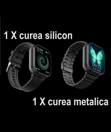Ceas Smartwatch cu Casti Bluetooth Incorporate, Curea Silicon, 2 in 1, CELhome D8, Ritm Cardiac, Tensiune Arteriala, Monitorizarea Somnului, Fitness, Negru + 1 x Curea Metalica [18]