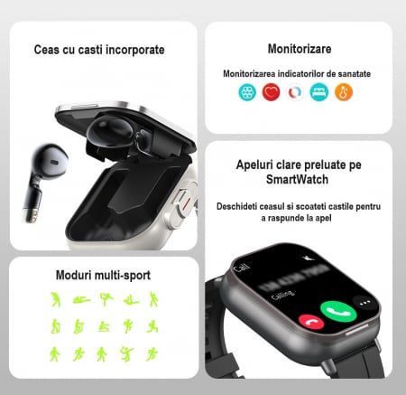 Ceas Smartwatch cu Casti Bluetooth Incorporate, Curea Silicon, 2 in 1, CELhome D8, Ritm Cardiac, Tensiune Arteriala, Monitorizarea Somnului, Fitness, Negru + 1 x Curea Metalica [11]