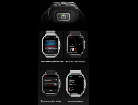 Ceas Smartwatch cu Casti Bluetooth Incorporate, Curea Silicon, 2 in 1, CELhome D8, Ritm Cardiac, Tensiune Arteriala, Monitorizarea Somnului, Fitness, Negru + 1 x Curea Metalica [9]