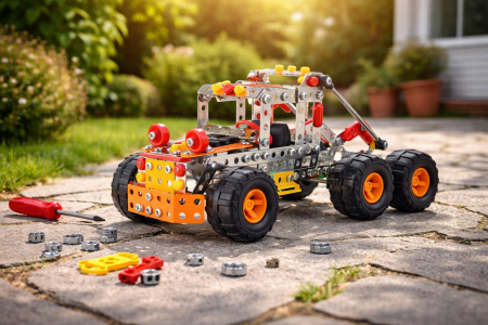 Constructie metalica camion cu 6 roti 309 piese jucarie educativa STEM cu unelte incluse [2]