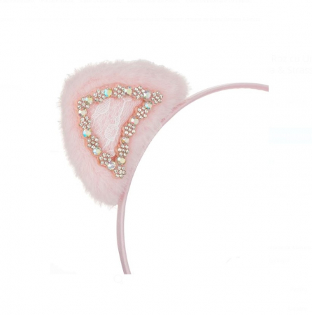 Coronita CELhome, Par Roz cu Urechi din Imitatie de Blana, Dantela si Strass – Accesoriu Elegant pentru Copii [1]