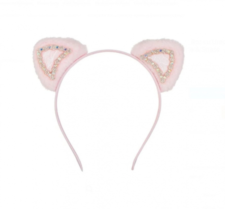 Articole pentru copii - Coronita CELhome, Par Roz cu Urechi din Imitatie de Blana, Dantela si Strass – Accesoriu Elegant pentru Copii