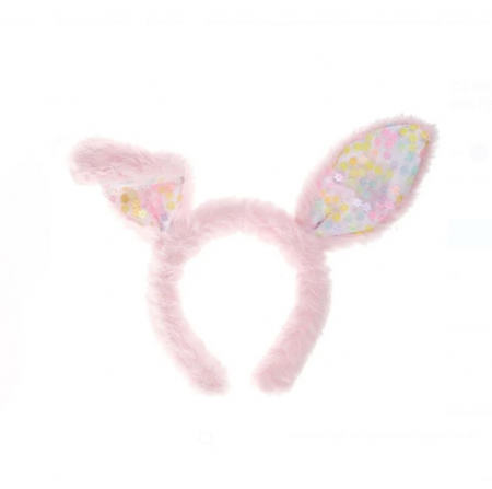 Articole pentru copii - Coronita de Par CELhome cu Imitatie de Blana Roz si Urechi de Iepure cu Paiete Pastel – Accesoriu pentru Copii